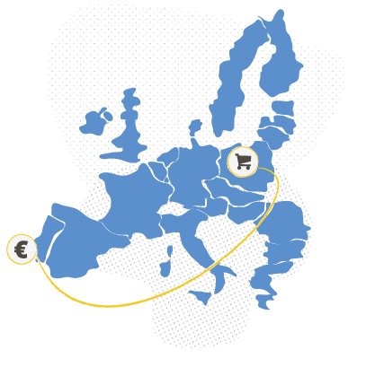 Mapa da Europa com um símbolo de trocas comerciais entre países.